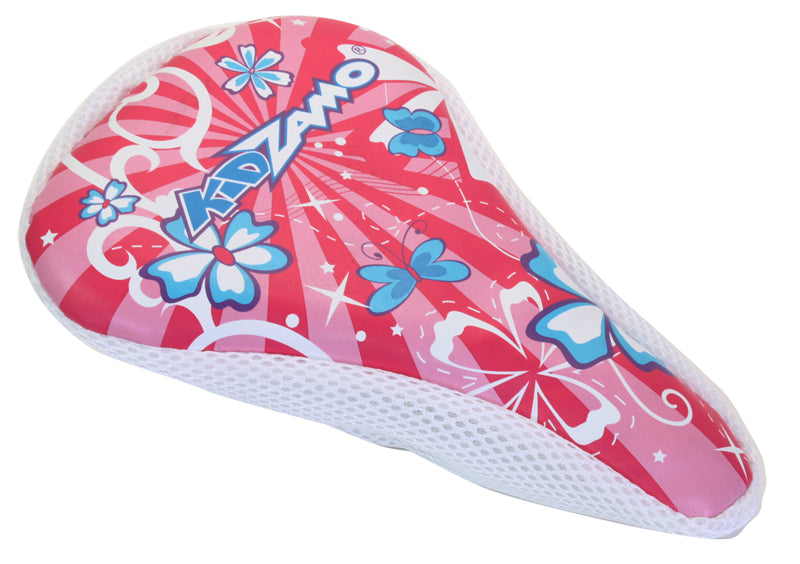 Pink Flowers Seat Cover for Bikes and Scooters by KidZamo, featuring a water-resistant, gel foam material with an ergonomic shape and a quick draw attaching string.