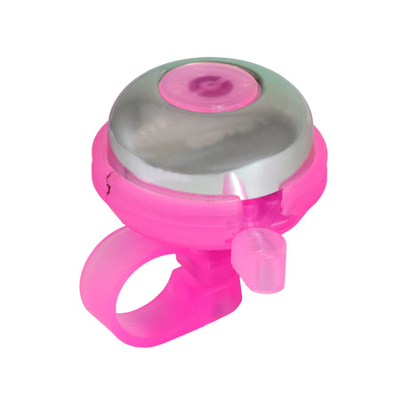 Pink Gel Bell for Bikes & Scooters, featuring a pink and silver design, translucent plastic body, and compact build for easy handlebar attachment, producing a clear metallic ring-ring sound.