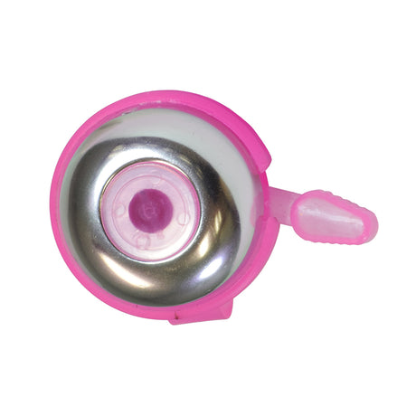 Pink Gel Bell for Bikes & Scooters with a lightweight, translucent plastic body and metallic ring-ring sound, shown in a close-up.