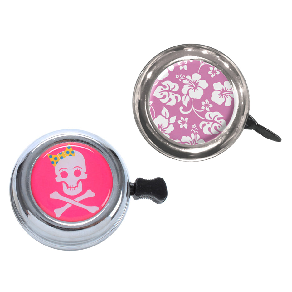 Pink Handlebar Bells for Bikes & Scooters featuring a close-up of a bicycle bell with a pink and white floral design, crafted from Chromoly steel on a durable steel base.