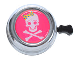 Close-up of a Pink Handlebar Bell for Bikes & Scooters, featuring a Chromoly steel bell on a durable steel base, available in styles like Pink Girly Skull or Pink Flowers.