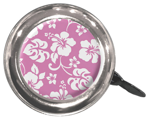 Close-up of a pink handlebar bell for bikes and scooters, featuring a floral design on a Chromoly steel bell with a durable steel base.