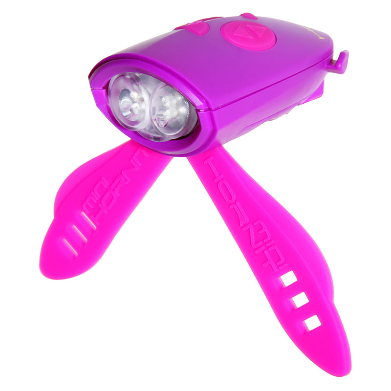 Pink Hornit Mini Horn & Light for Bikes & Scooters featuring a compact design with a built-in flashlight and horn, complete with an attached strap for easy mounting on handlebars.