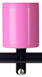 Pink Kroozer Cups Kroozie Holder for Bikes & Scooters: a powder-coated stainless steel cup holder mounted on a black handlebar pipe, designed to fit various beverage containers.