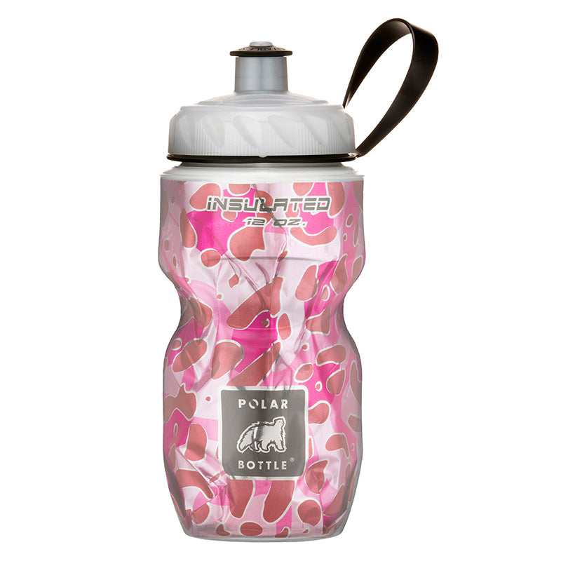 Pink Leopard POLAR Thermal Insulated Bottle for Bikes & Scooters with a wide mouth screw top and lid, designed to keep drinks cold or warm, holding 12oz.