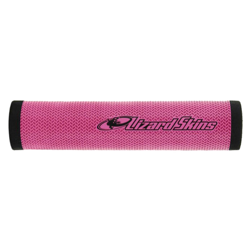 Pink DuraSoft Polymer Handlebar Grips for Bikes & Scooters featuring a close-up of a black logo and a black lizard design on a pink surface.