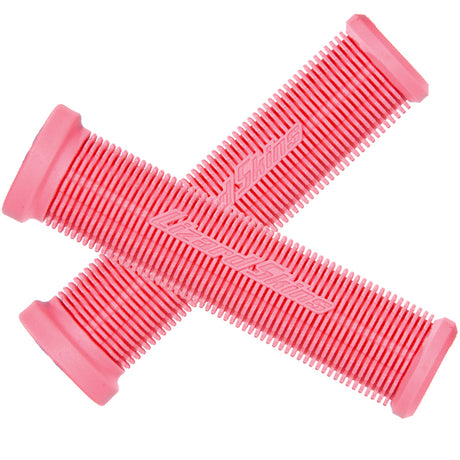 Pink Charger Handlebar Grips for Bikes & Scooters, featuring a close-up of a pair of textured grips made from durable Elastomer rubber, designed for comfort and longevity, each measuring 130 mm in length.