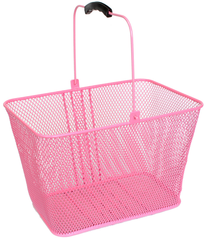 Pink Mesh Lift-Off Front Basket for Bikes & Scooters, featuring a rubber handle and steel construction, mounted to handlebars with a lift-off bracket. Ideal for storage during rides.