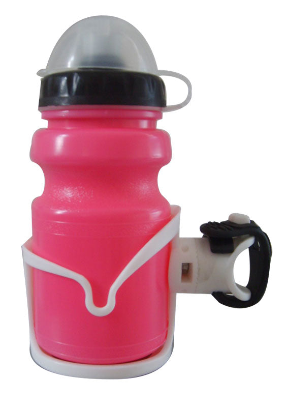 Pink Multi Mount Kids Bottle & Cage for Bikes & Scooters, featuring a cylindrical, pink water bottle with an integrated handle and a nylon cage, perfect for holding 10 oz of liquid.