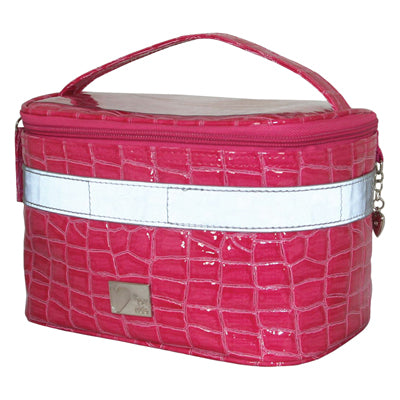 Pink Crocodile Handlebar Mount Tote Bag for Bikes & Scooters featuring a textured, synthetic leather design with a white stripe, handlebar safety straps, and a lined main compartment.