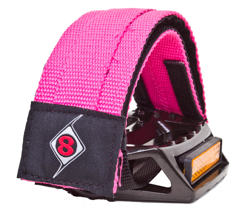 Pink Pro-Grip II Toe Straps for Bikes, featuring a strong double hold system, large Velcro polyester cover, and anti-slip tension design, ideal for BMX platform pedals.