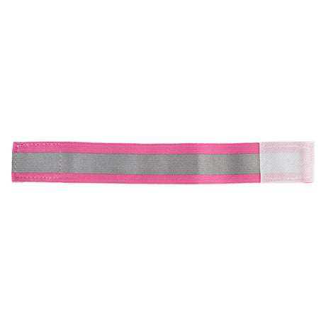 Pink Ladies' Reflective Band for Bikes & Scooters, featuring a pink and grey stripe, breathable elastic for comfort, and a hook and loop closure, ideal for wrists, ankles, or arms.