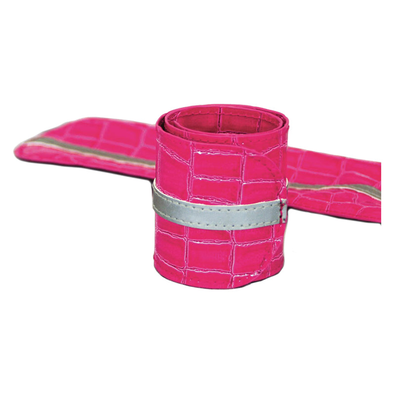 Pink Crocodile Slap & Wrap Leg Band for Bikes & Scooters, featuring a pink leather-like texture with a silver strap, lightweight and water-resistant, designed for visibility and safety.