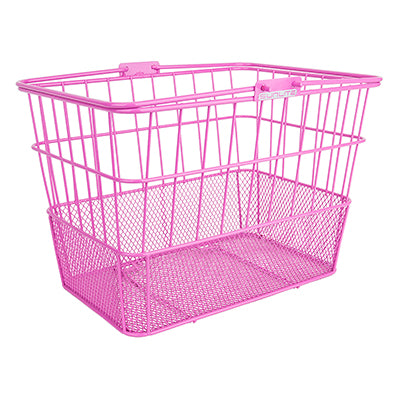 Pink Standard Mesh Bottom Lift-Off Basket for Bikes & Scooters, featuring a mesh bottom, pink powder-coated steel construction, and handlebar lift-off bracket for easy attachment to bikes or scooters.