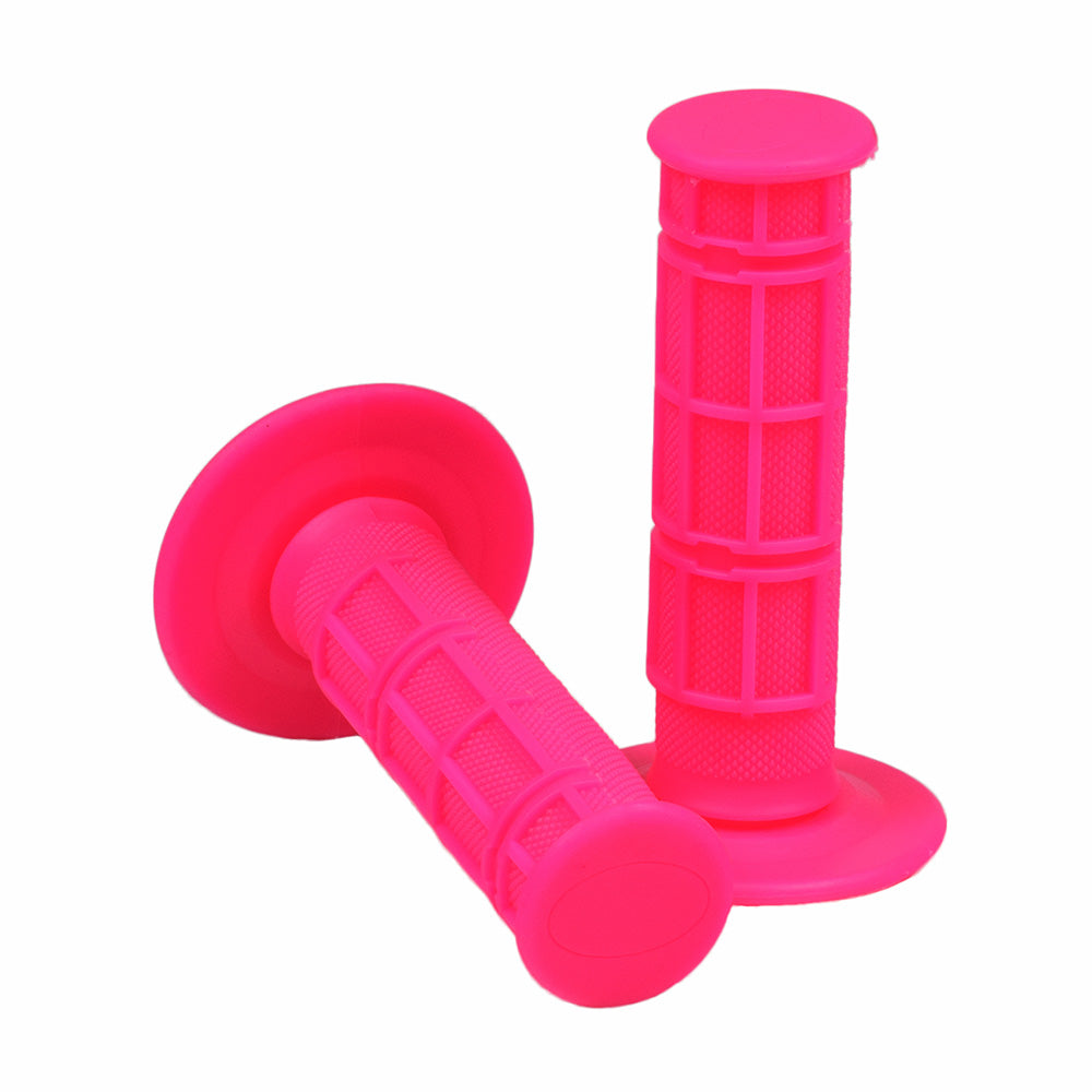 Pink Rubber Waffle Style Handlebar Grip Set for Scooters, ATVs, & Dirt Bikes, featuring a textured pink surface, close-up view highlights grip pattern and cylindrical shape, suitable for 7/8 handlebars.