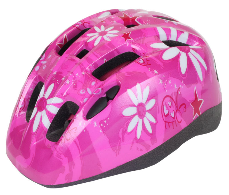 Pink Xanthus V11iF Helmet for Bikes & Scooters with flowers and stars, featuring 11 vents, twist adjust retention system, and washable pads. Kid-sized and CPSC approved for safety.