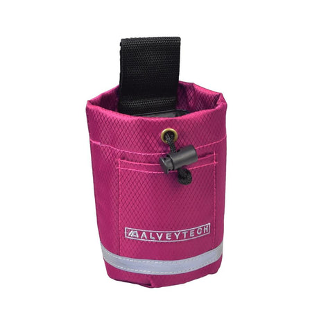 Unbreakable Universal Cupholder for ATVs, Bikes, Go-Karts, & Scooters; a pink fabric cupholder with a black strap, featuring a cylindrical shape and quick-clip pinch buckles for secure mounting.