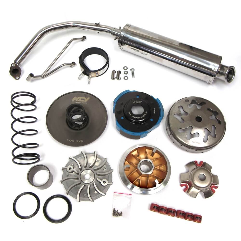 GY6 150 Stage 1 Performance Kit (NCY) featuring a stainless steel muffler, exhaust pipe, variator kit, roller weights, clutch assembly, and flywheel, displayed with various metal components and hardware.