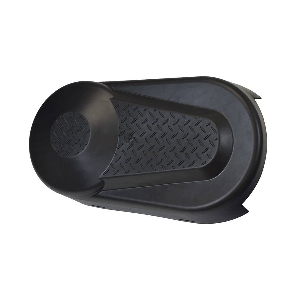 Plastic Clutch Cover for Baja Mini Bike MB165 (Baja Heat, Mini Baja, Baja Warrior), featuring a close-up of the black plastic surface with a hole, designed for retrofitting with jackshaft and steel clutch cover.