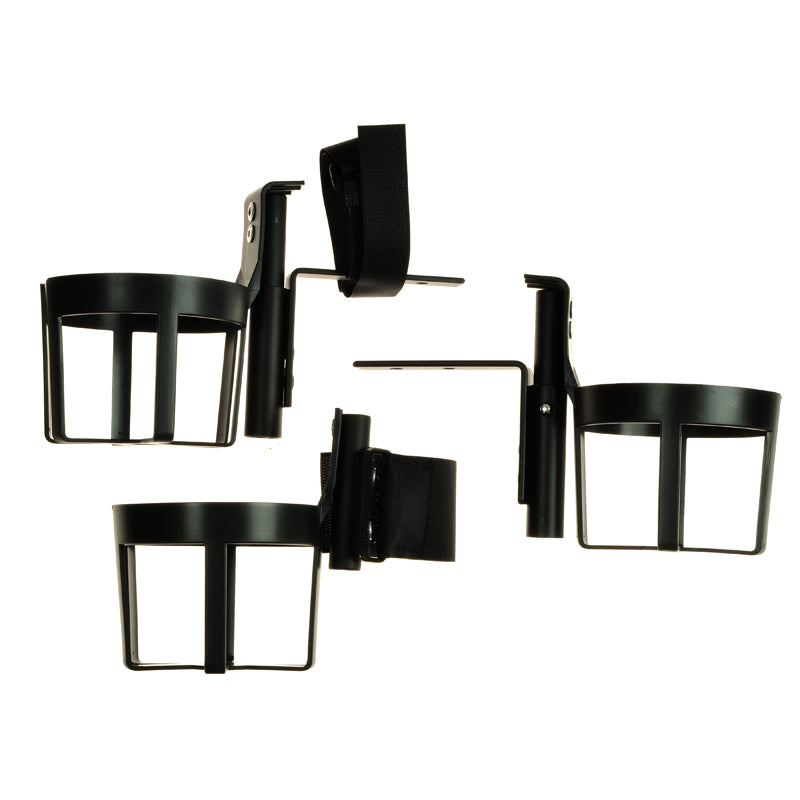 Plastic cup holder for wheelchairs, mobility scooters, and power chairs, featuring a black, durable design with versatile mounting options for secure attachment to various armrest styles.