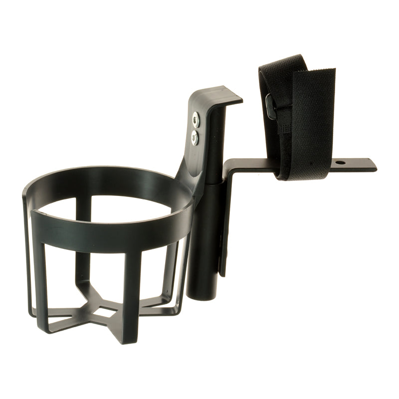 Black Plastic Cup Holder for Wheelchairs, Mobility Scooters, & Power Chairs with a strap, shown in close-up with a black bracket and handle for secure mounting.