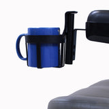 Plastic Cup Holder for Wheelchairs, Mobility Scooters, & Power Chairs, shown mounted on a chair's armrest with a blue mug held securely, illustrating its durability and versatility.