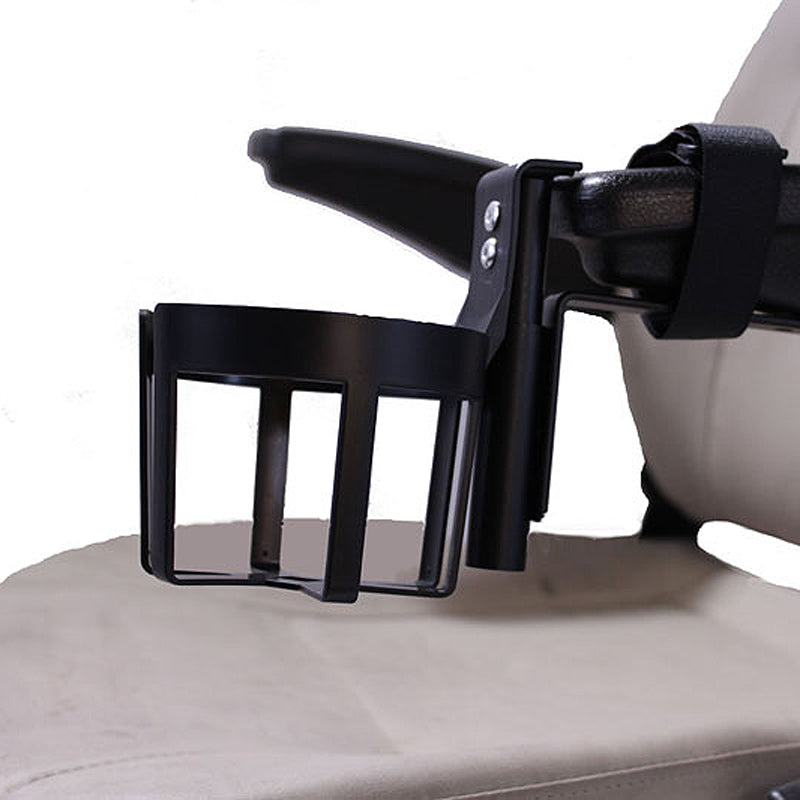 Plastic Cup Holder for Wheelchairs, Mobility Scooters, & Power Chairs, featuring a durable black plastic design with multiple mounting styles for secure attachment to various armrests.