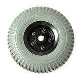 10x3 (3.00-4, 260x85) Foam-Filled Rear Wheel Assembly for Merits Pioneer 3 & 4 scooters, featuring a solid wheel with a central hole and a stylish black and silver rim.