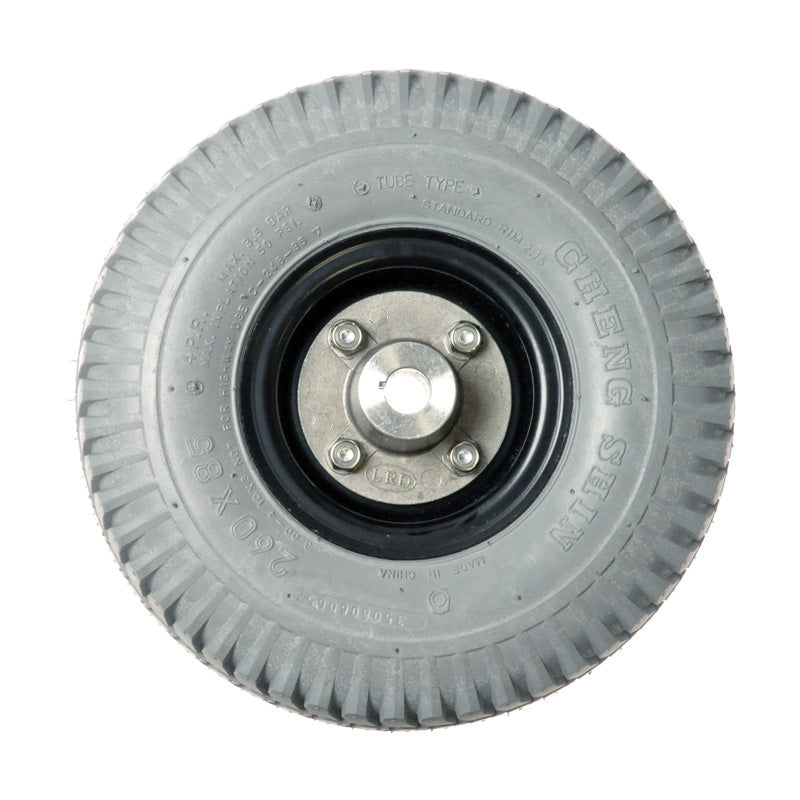 3.00-4 (10x3, 260x85) Foam Filled Rear Wheel Assembly (Gray) for the ActiveCare Pilot 2310 and 2410 Scooters and Drive Wheel for ActiveCare Power Chairs, featuring a grey wheel with a black rim.