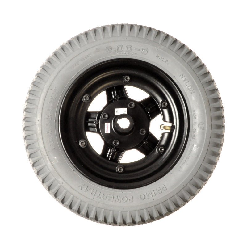 14x3 (3.00-8) Pneumatic Drive Wheel Assembly for Jazzy 600 and 600 XL Power Chairs, featuring a close-up of a flat-free Primo Powertrax tire with a black star rim.