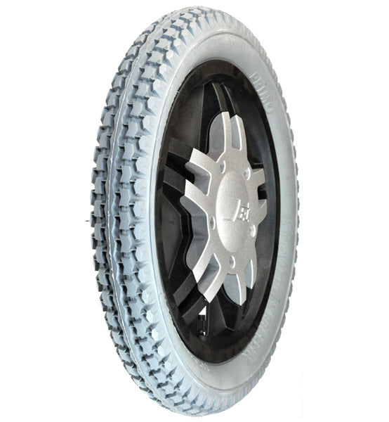 14x2.125 Pneumatic Drive Wheel Assembly for Jazzy 1105 and Jet 10, featuring a close-up of the tire, rim, tread, and Jet-branded cosmetic cover. Assembly includes tire, tube, and screws.