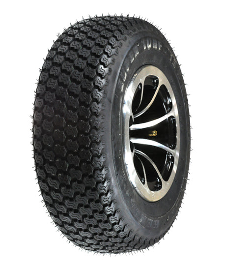 Close-up of the 13x5.00-6 Pneumatic Front Wheel Assembly for the ActiveCare Osprey 4410 Scooter, featuring detailed tread and rim, designed for enhanced mobility and durability.