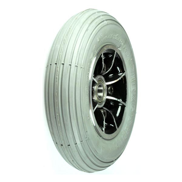 8x2 (200x50) Flat-Free Front Wheel Assembly for ActiveCare Spitfire 1310 and 1410 Scooters, featuring a close-up of the synthetic rubber tire and metal rim.