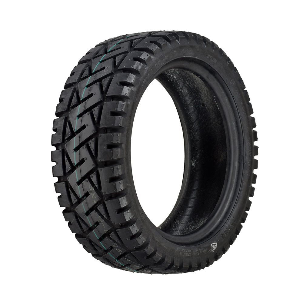 13x4 (13x4.00-8) Black Low Profile Pneumatic Mobility Tire with C9328 Tread, featuring a detailed tread pattern and an optional blue-striped inner tube for Pride Mobility scooters.