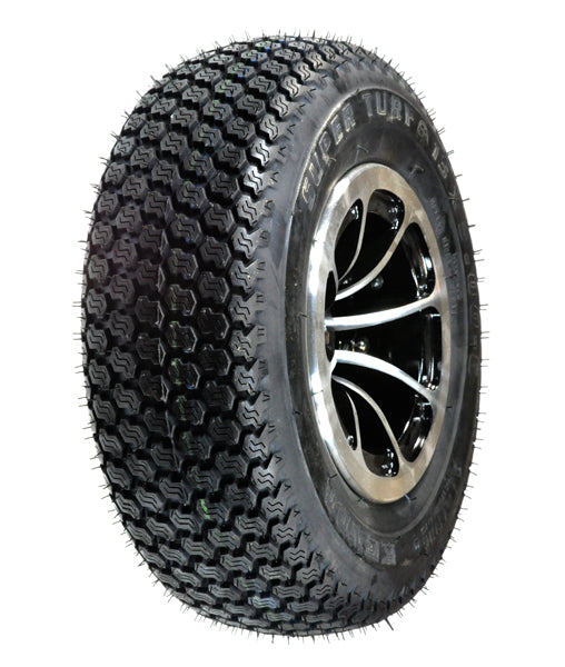 Close-up of the 13x5.00-6 Pneumatic Rear Wheel Assembly for the ActiveCare Osprey 4410 Scooter, showcasing the detailed tread pattern, synthetic rubber tire, and 6 diameter keyway rim.