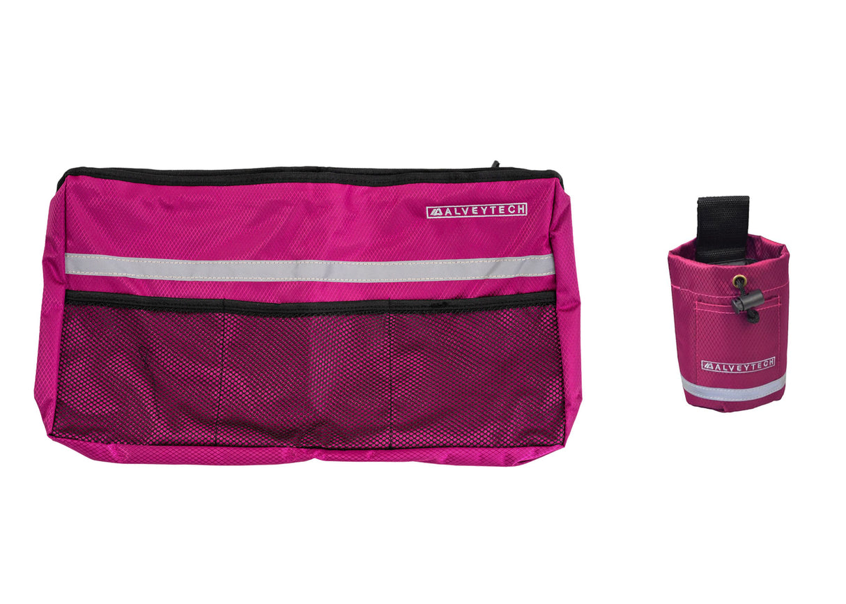 Deluxe Walker/Rollator Bag & Cup Holder Combination, featuring a pink bag with a white stripe, black strap, and mesh pockets for easy storage, designed for convenient attachment to mobility aids.