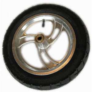 Front Wheel Assembly with 3-Spoke Rim for the Razor Pocket Mod (Versions 1-12) and Sport Mod, featuring a close-up of the complete wheel with tire, rim, and wheel bearings.