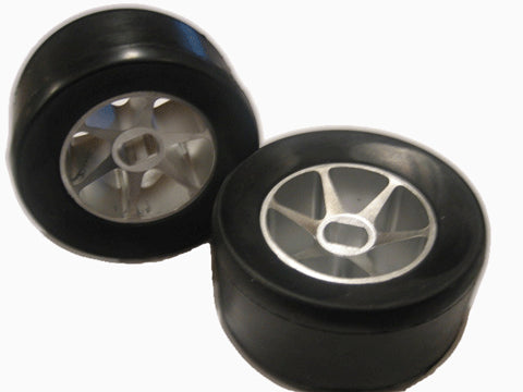 Powerkart Go Kart Front Wheels (Set of 2) featuring close-up of polished aluminum 6-spoke mag rims and high latex solid rubber tires, shown as a pair of front wheel assemblies.