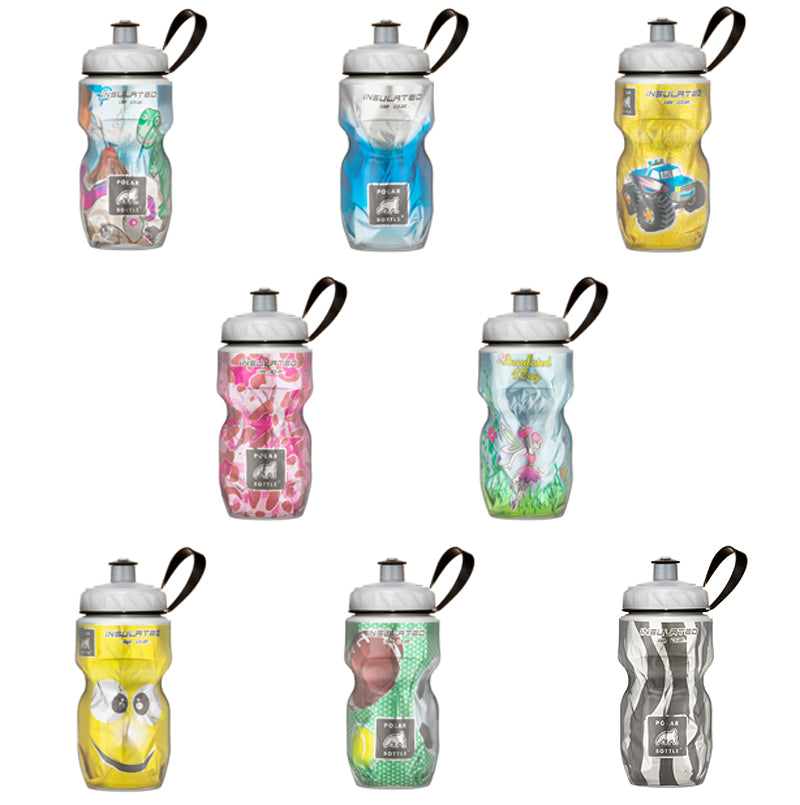 Polar Bottle Sport 12 oz. Water Bottles in various kid-friendly designs, including ones with cartoon characters, pink and white patterns, and yellow plastic with white lids, suitable for biking and hiking.