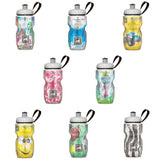 Polar Bottle Sport 12 oz. Water Bottles in various kid-friendly designs, including ones with cartoon characters, pink and white patterns, and yellow plastic with white lids, suitable for biking and hiking.