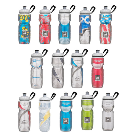 Polar Bottle Sport 20 oz. Insulated Water Bottle group showcasing diverse designs, highlighting the bottle's wide mouth screw top and dual-wall construction for maintaining drink temperatures.