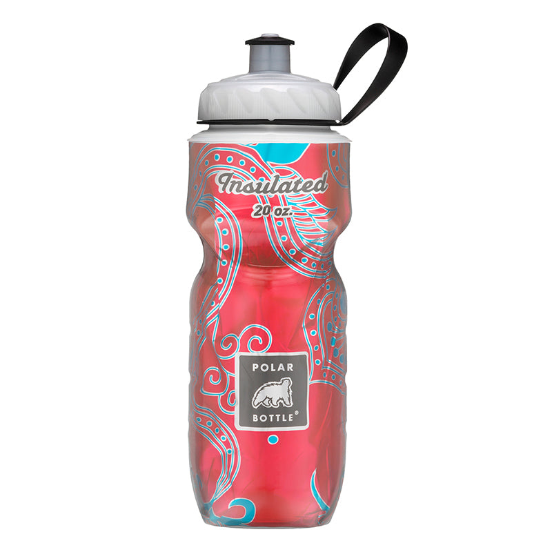 Polar Bottle Sport 20 oz. Insulated Water Bottle shown with a black carrying strap and wide mouth screw top for ice cubes.