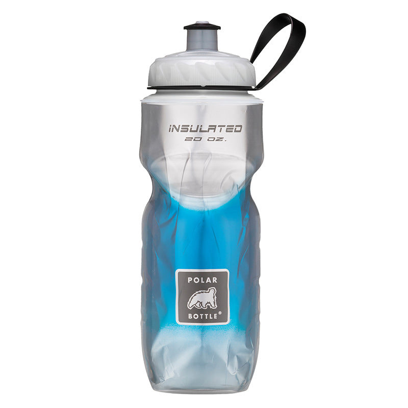 Polar Bottle Sport 20 oz. Insulated Water Bottle with a black strap and wide mouth screw top for easy ice filling.