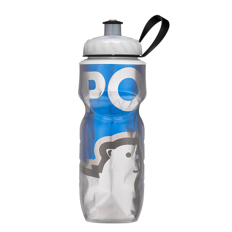 Polar Bottle Sport 20 oz. Insulated Water Bottle with a white and blue design, featuring a wide mouth screw top for ice and dual-wall construction.