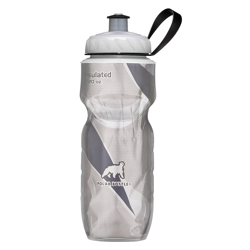 Polar Bottle Sport 20 oz. Insulated Water Bottle with a black removable carrying strap and wide mouth screw top for ice filling, shown in a close-up highlighting its durable design.