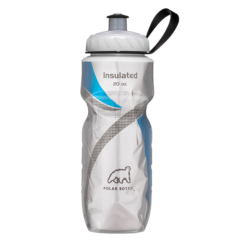 Polar Bottle Sport 20 oz. Insulated Water Bottle, featuring a black strap and a blue and white label, designed for maintaining beverage temperatures and equipped with a wide mouth screw top for ice.