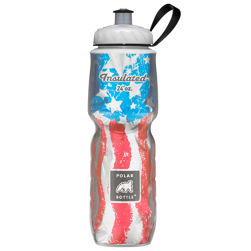 Polar Bottle Sport 24 oz. Insulated Water Bottle with flag design, featuring a wide mouth screw top and durable, BPA-free plastic, ideal for maintaining drink temperatures.