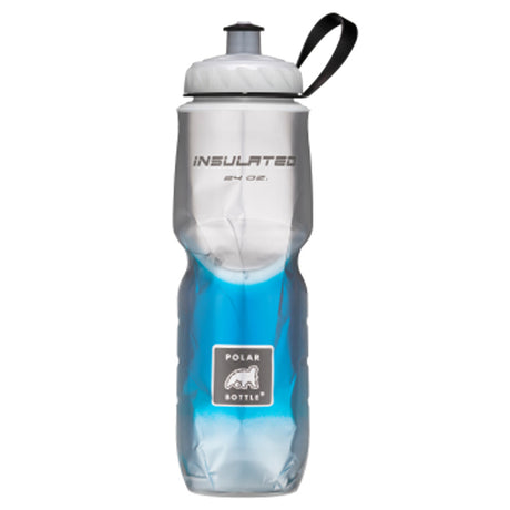 Polar Bottle Sport 24 oz. Insulated Water Bottle with black strap and wide mouth screw top, designed for temperature retention and easy ice filling, featuring a logo on the bottle.