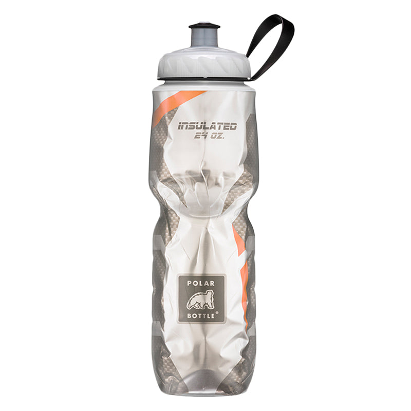 Polar Bottle Sport 24 oz. Insulated Water Bottle with a black strap and wide mouth screw top for ice cubes, designed to keep drinks at desired temperatures.