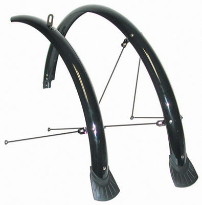 Polycarbonate Fender Set (Front & Back) featuring black bike fenders with metal straps and stainless steel stays, designed for 26 or 700c wheels, ideal for all-weather protection on bikes or scooters.